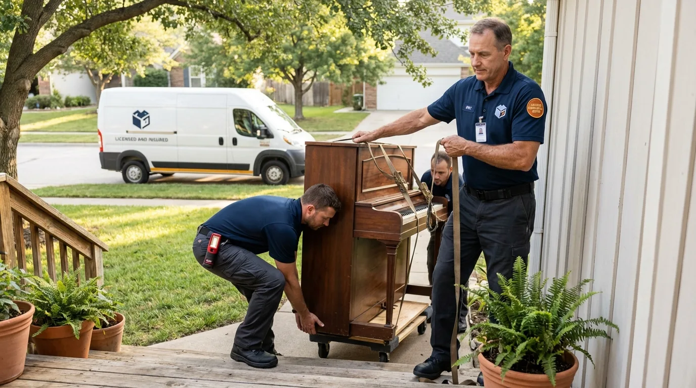 Licensed piano movers securing grand piano in Clermont, FL