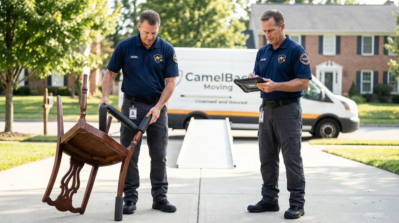 Movers inspecting furniture for damage prevention before loading in Clermont, FL