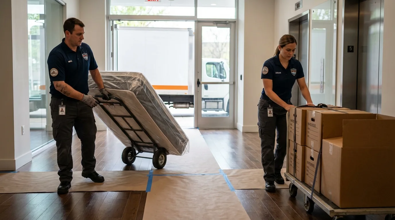 Professional apartment movers loading elevator in Clermont, FL
